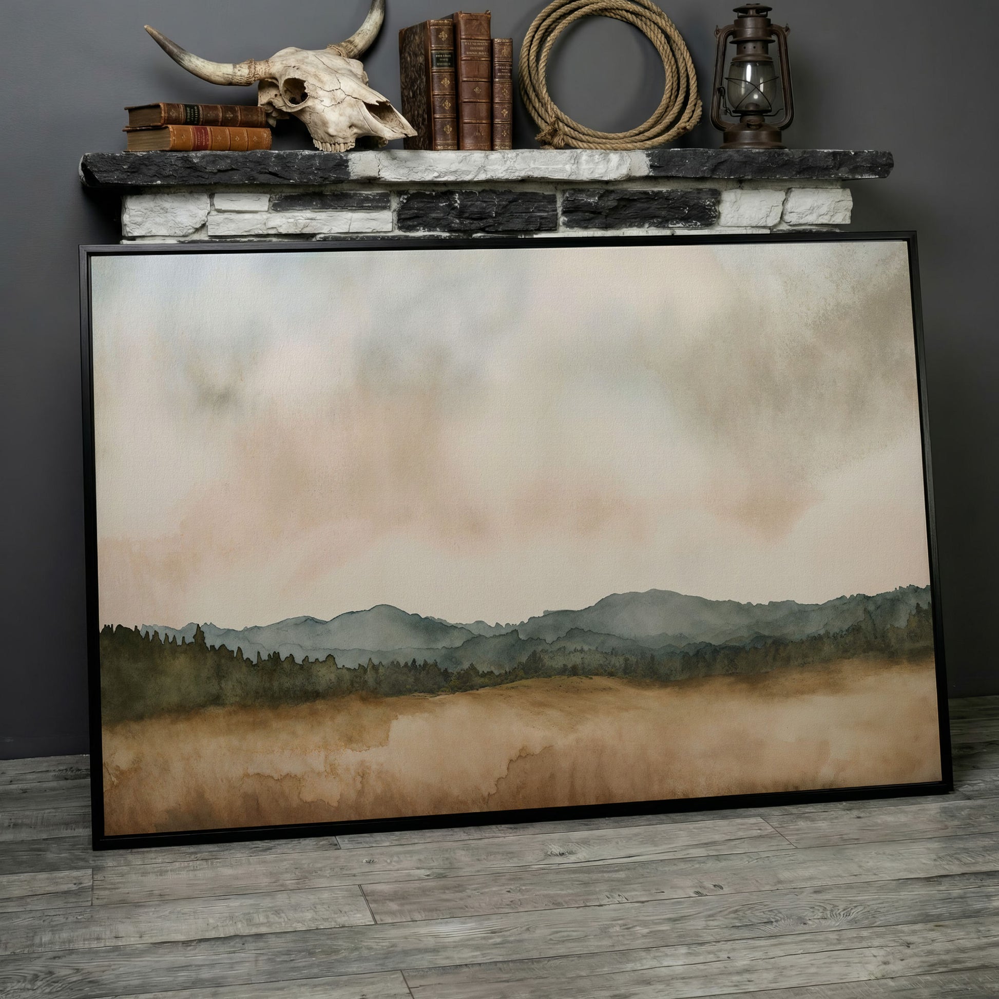 Tranquil Mountain Landscape Watercolor Canvas in black floating frame