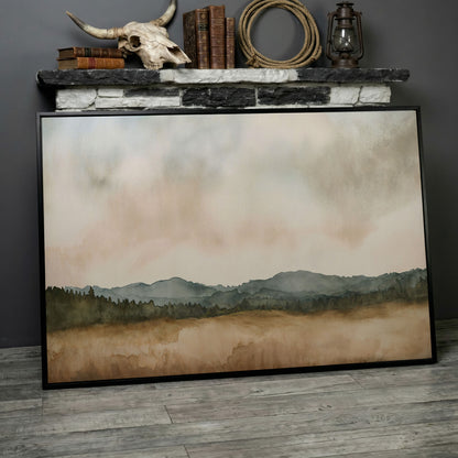 Tranquil Mountain Landscape Watercolor Canvas in black floating frame
