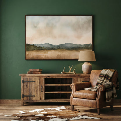 Tranquil Mountain Landscape Watercolor Canvas in dark walnut floating frame