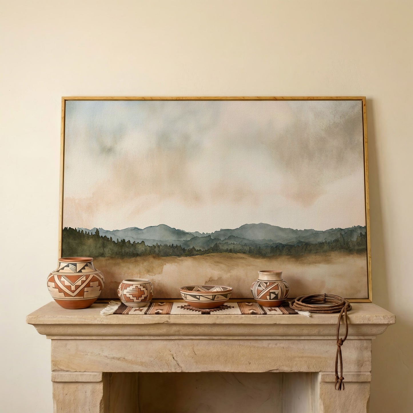 Tranquil Mountain Landscape Watercolor Canvas in white oak floating frame