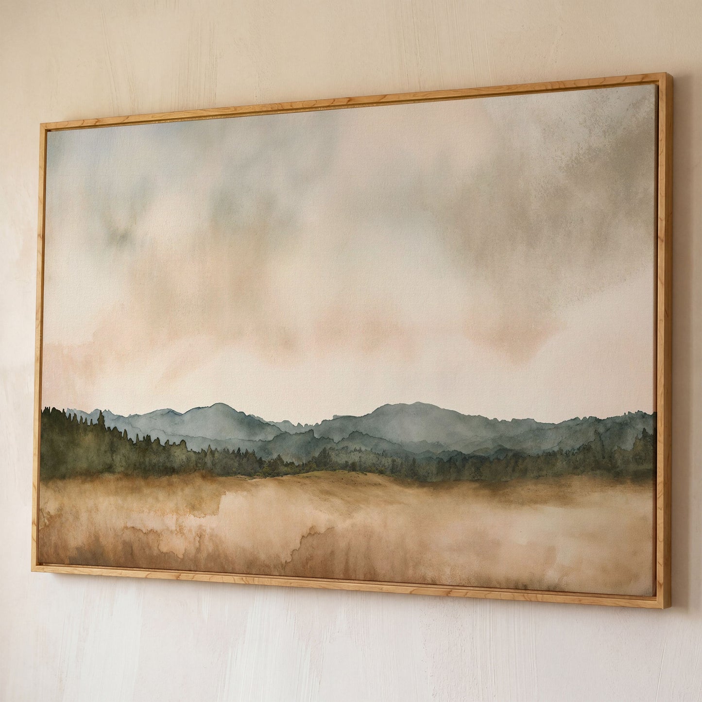Tranquil Mountain Landscape Watercolor Canvas shown in white oak floating frame