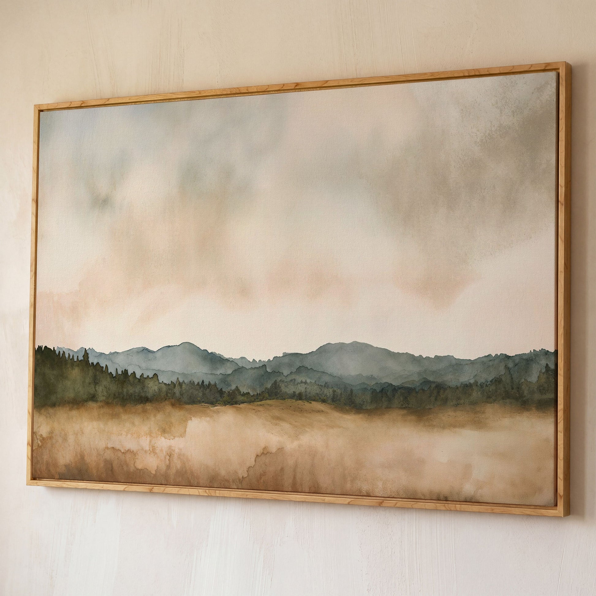 Tranquil Mountain Landscape Watercolor Canvas shown in white oak floating frame