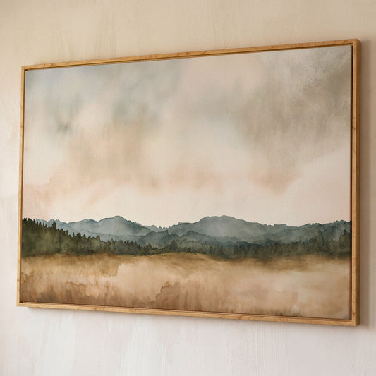 Tranquil Mountain Landscape Watercolor Canvas shown in white oak floating frame