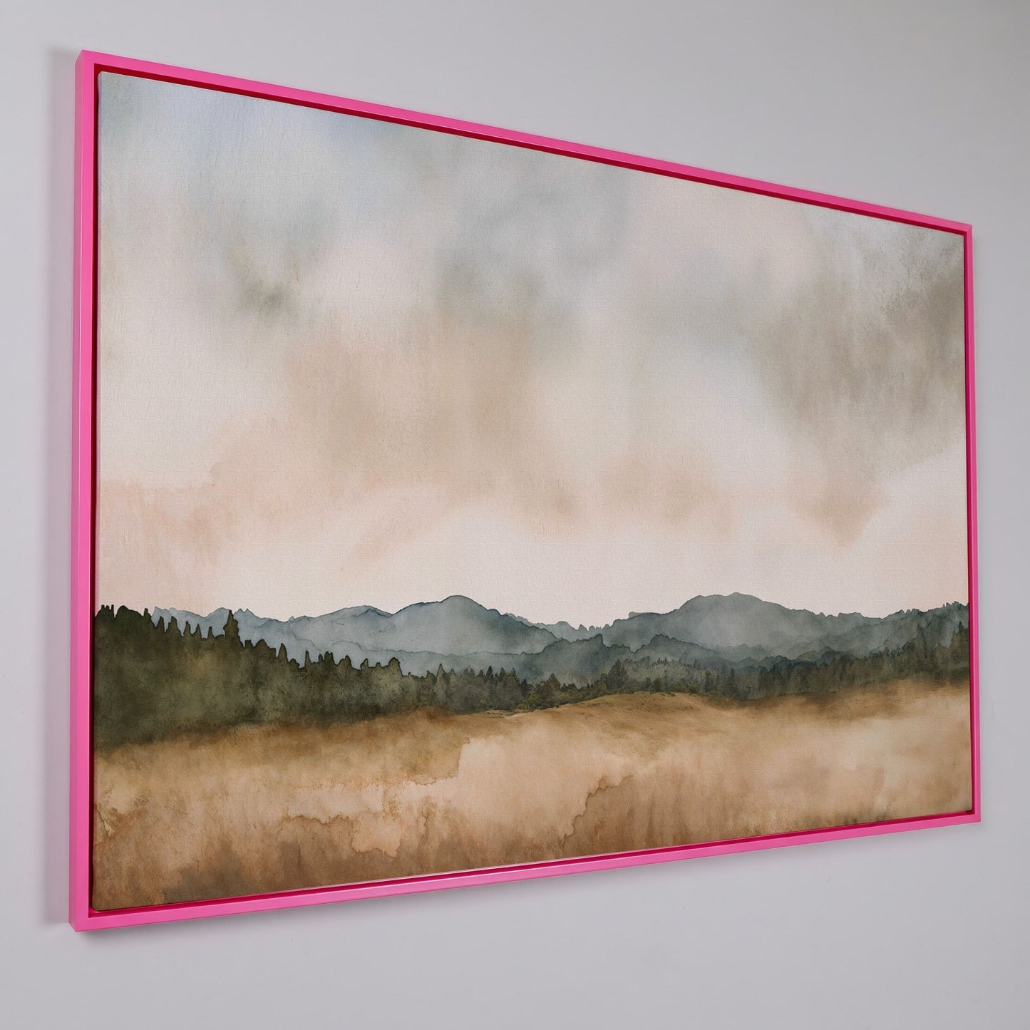 Tranquil Mountain Landscape Watercolor Canvas in pink floating frame