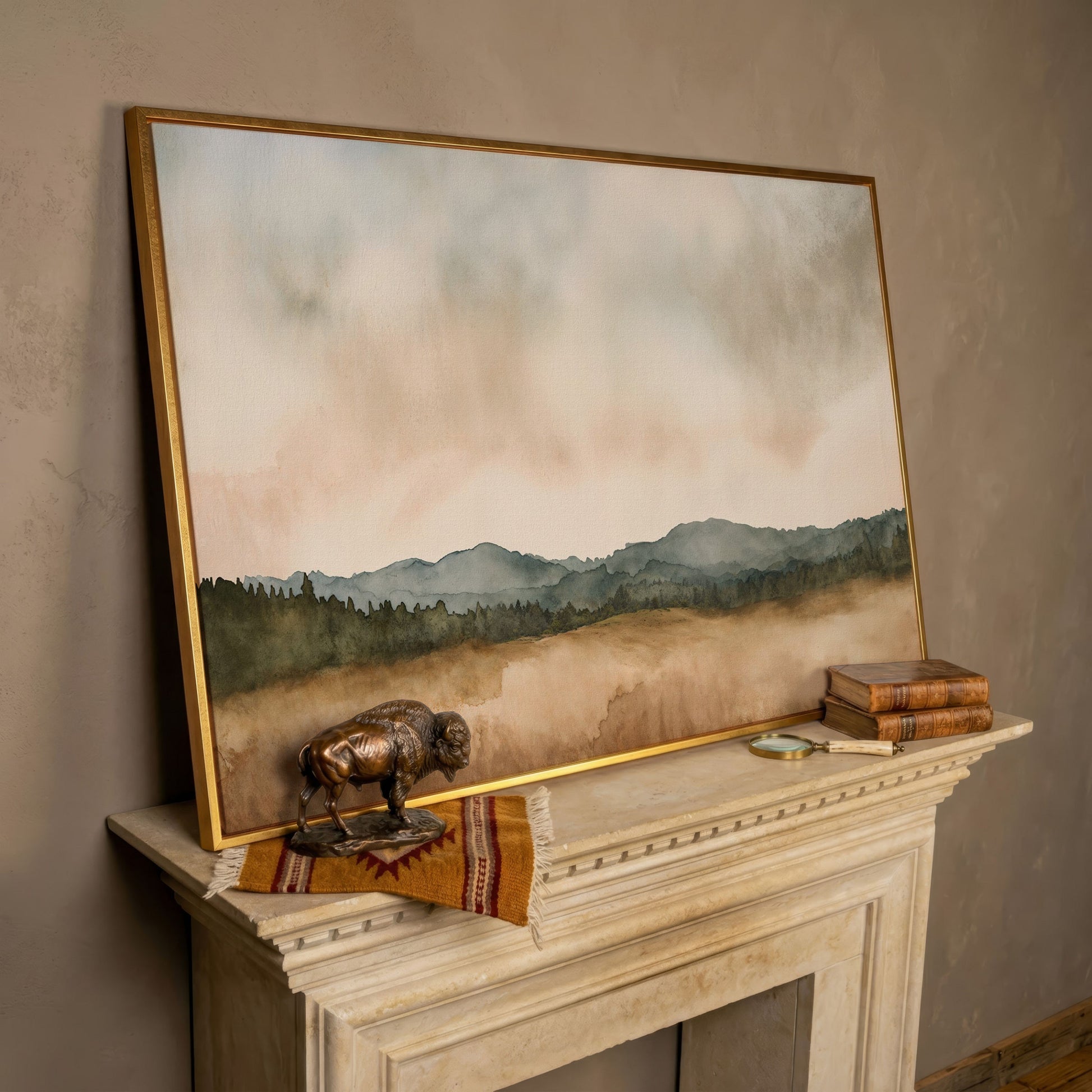 Tranquil Mountain Landscape Watercolor Canvas in rose gold floating frame
