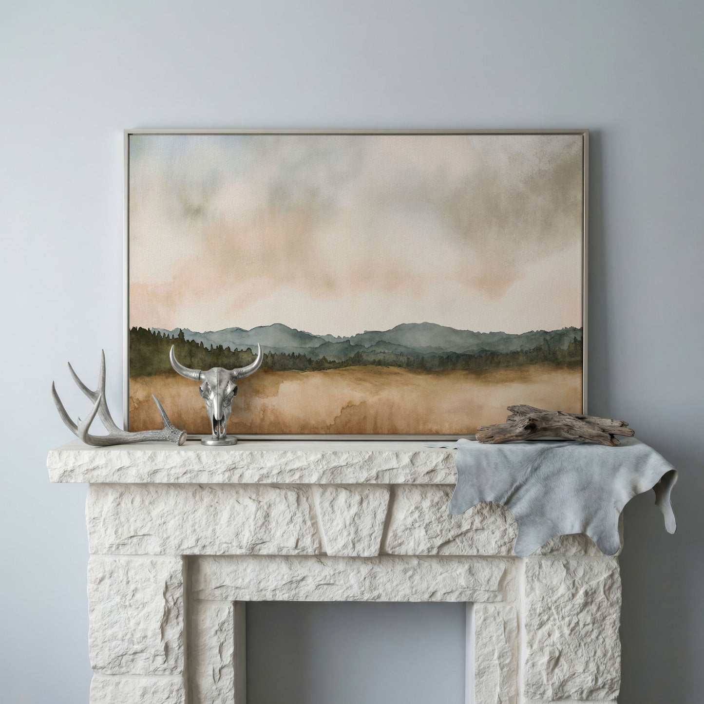 Tranquil Mountain Landscape Watercolor Canvas in silver floating frame