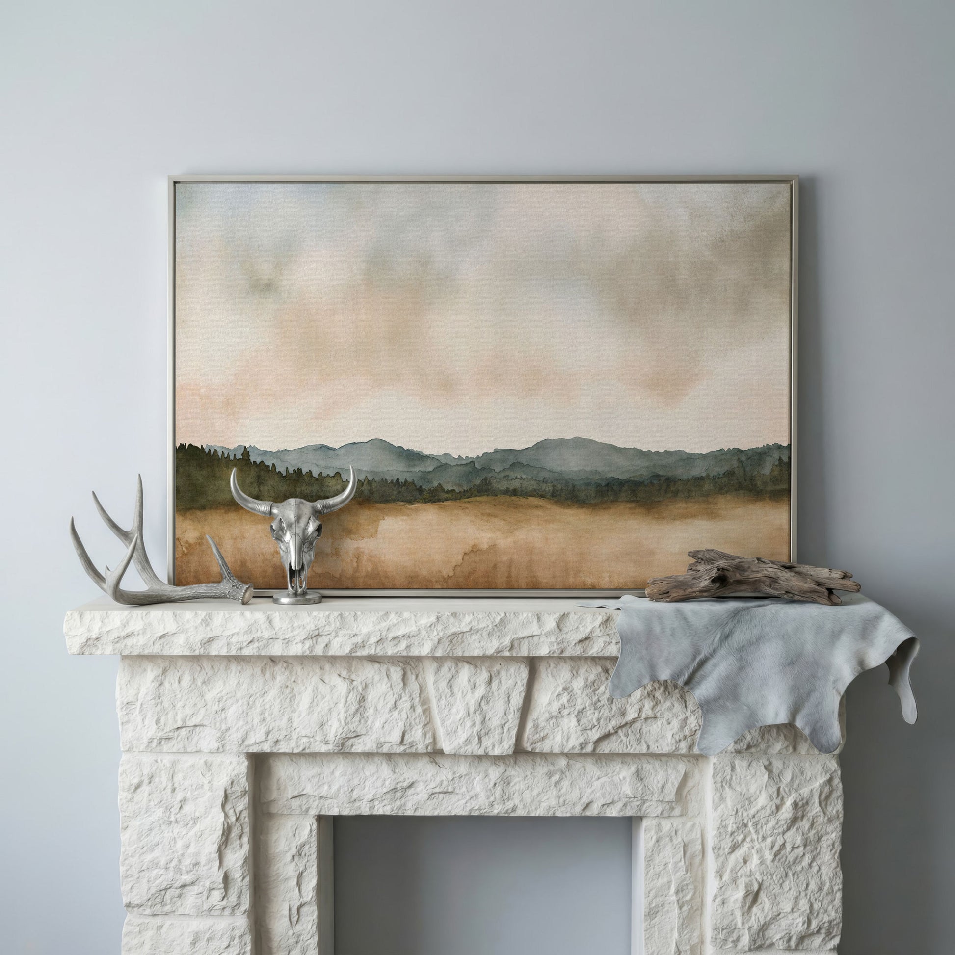 Tranquil Mountain Landscape Watercolor Canvas in silver floating frame