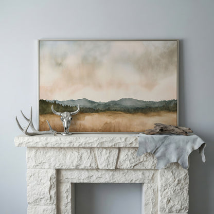 Tranquil Mountain Landscape Watercolor Canvas in silver floating frame