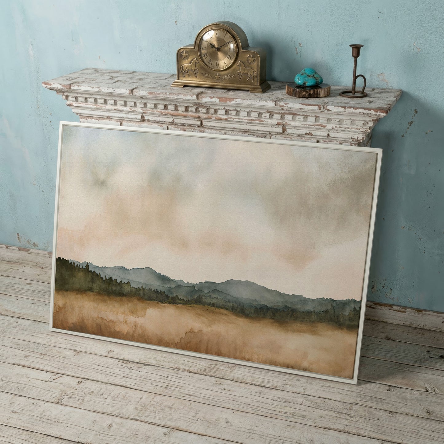 Tranquil Mountain Landscape Watercolor Canvas in white floating frame
