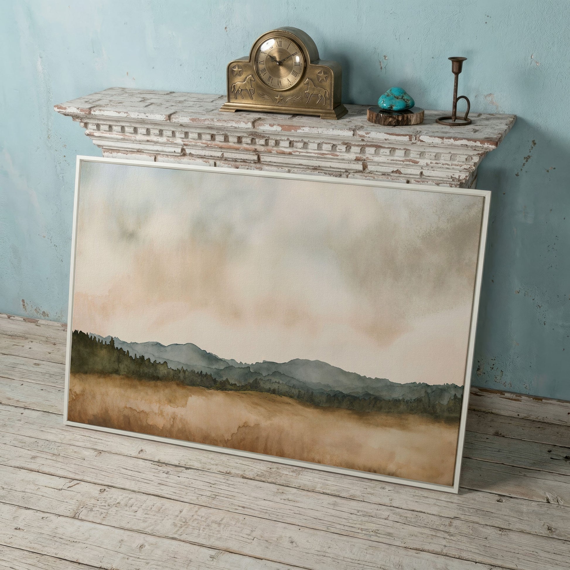 Tranquil Mountain Landscape Watercolor Canvas in white floating frame