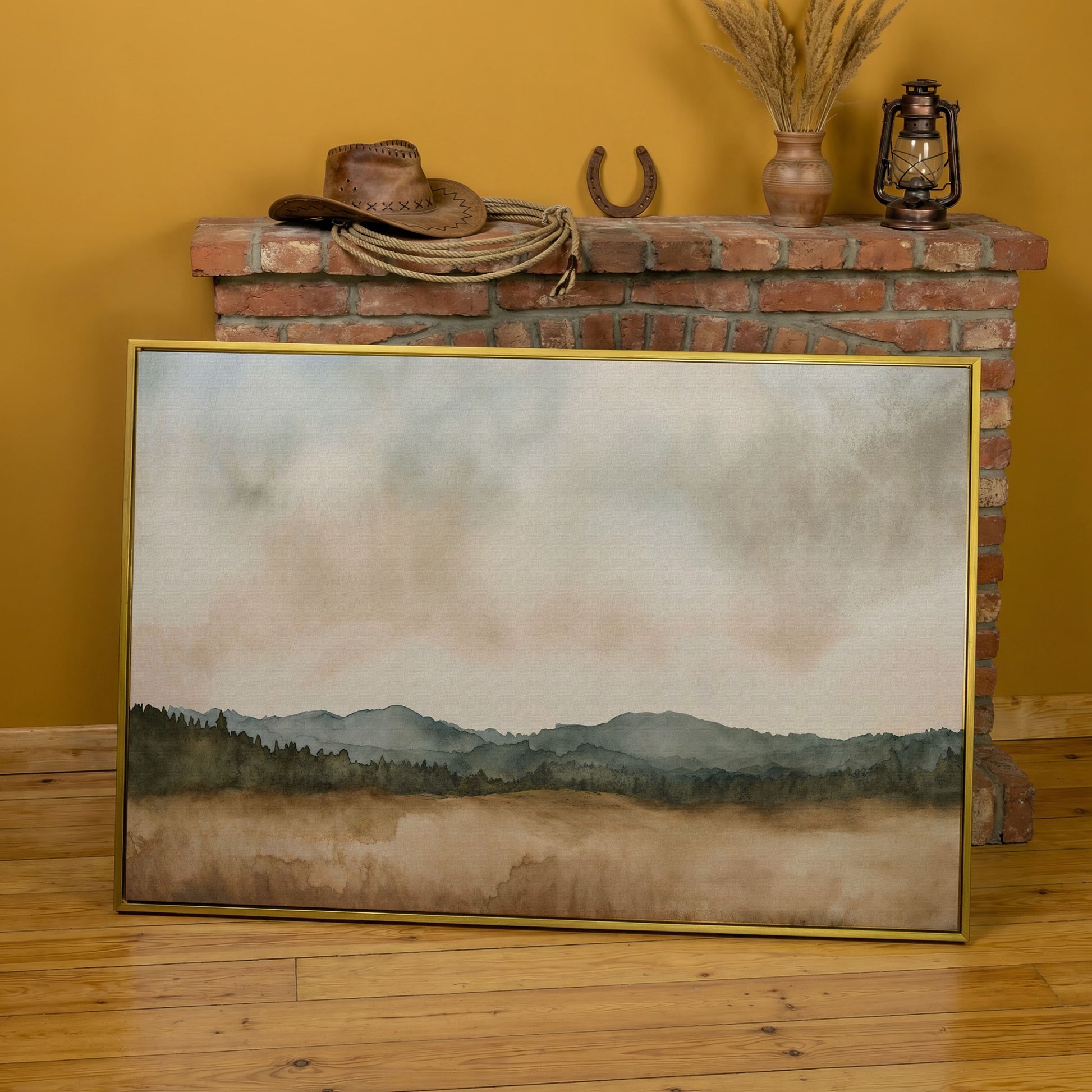 Tranquil Mountain Landscape Watercolor Canvas in yellow gold floating frame