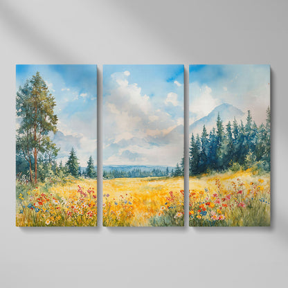 Wildflower Meadow and Mountain Landscape Canvas Wall Art as 3-panel split version