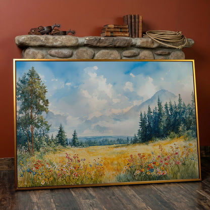 Wildflower Meadow and Mountain Landscape Canvas Wall Art in antique gold floating frame