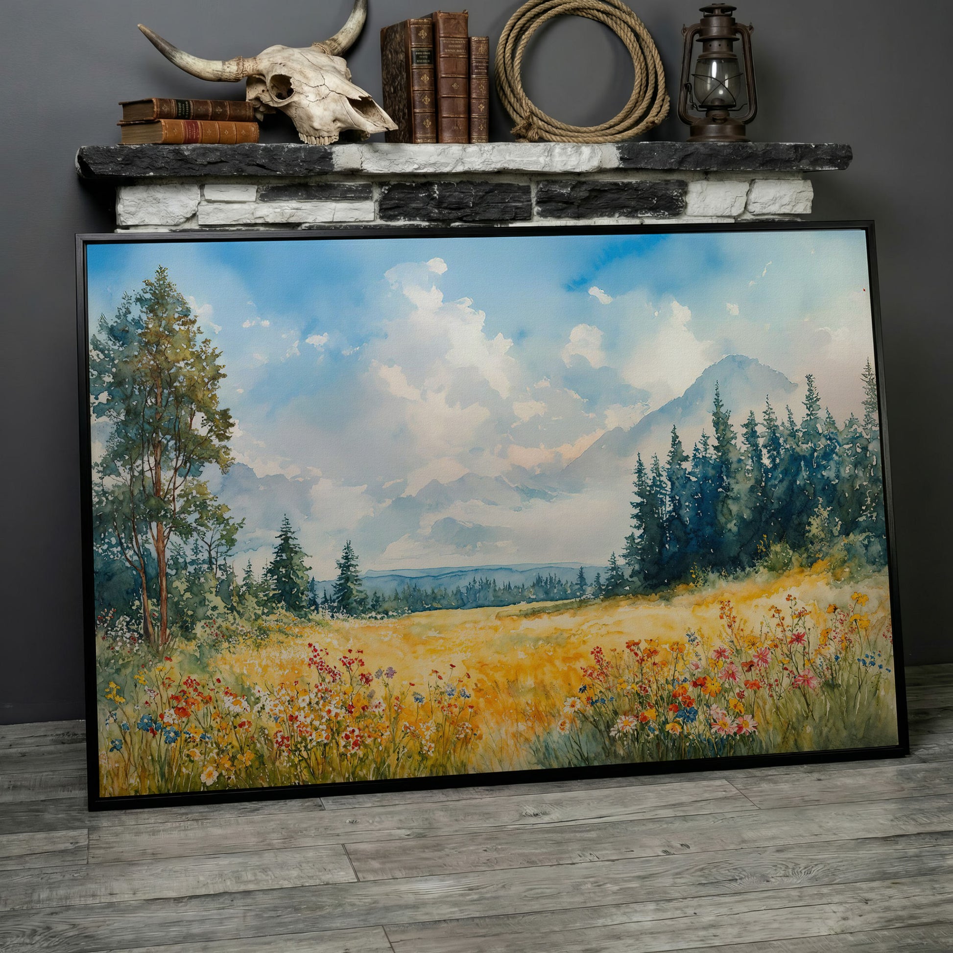 Wildflower Meadow and Mountain Landscape Canvas Wall Art in black floating frame