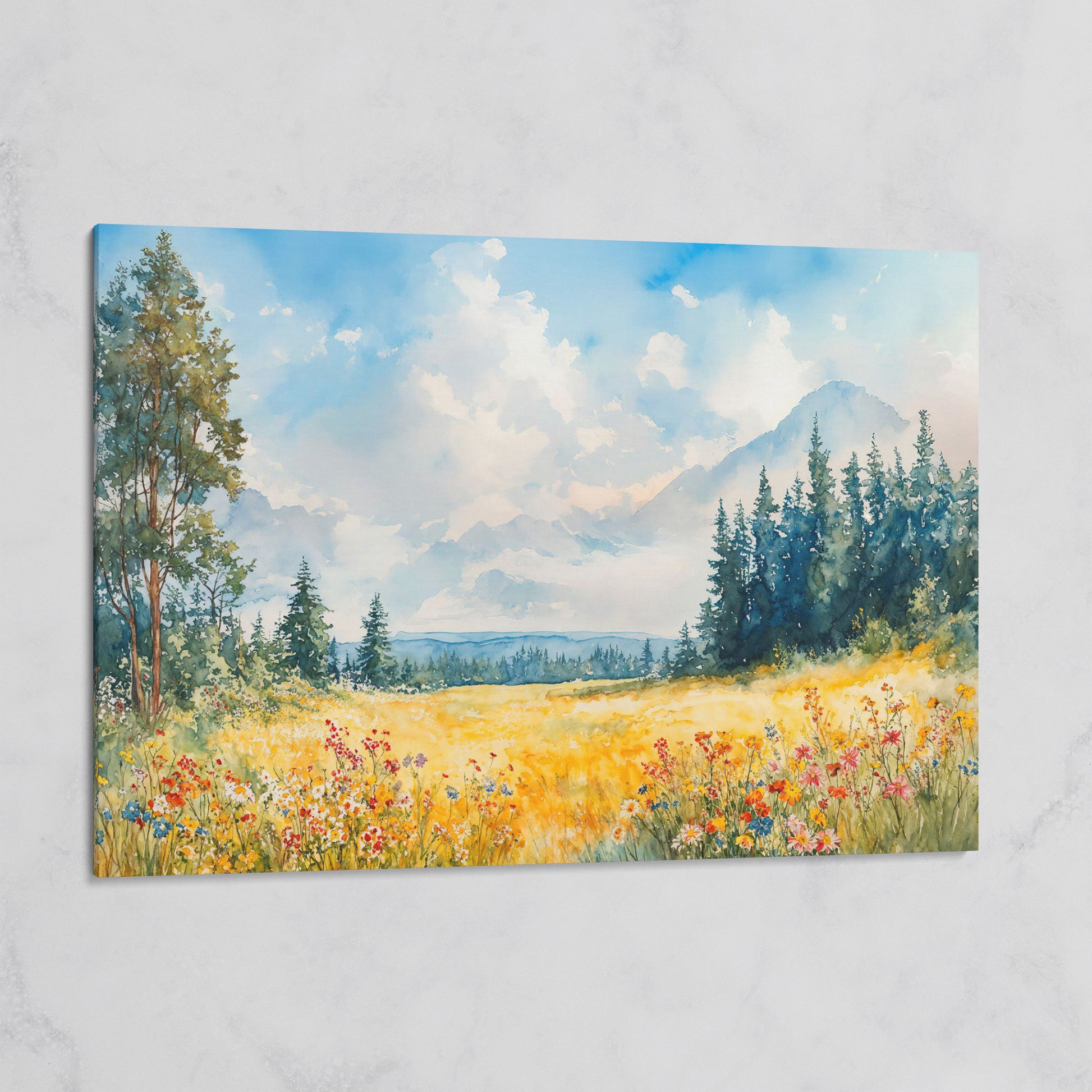 Wildflower Meadow and Mountain Landscape Canvas Wall Art on gallery wrap