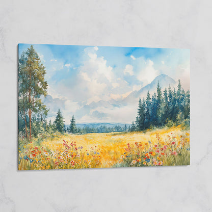 Wildflower Meadow and Mountain Landscape Canvas Wall Art on gallery wrap