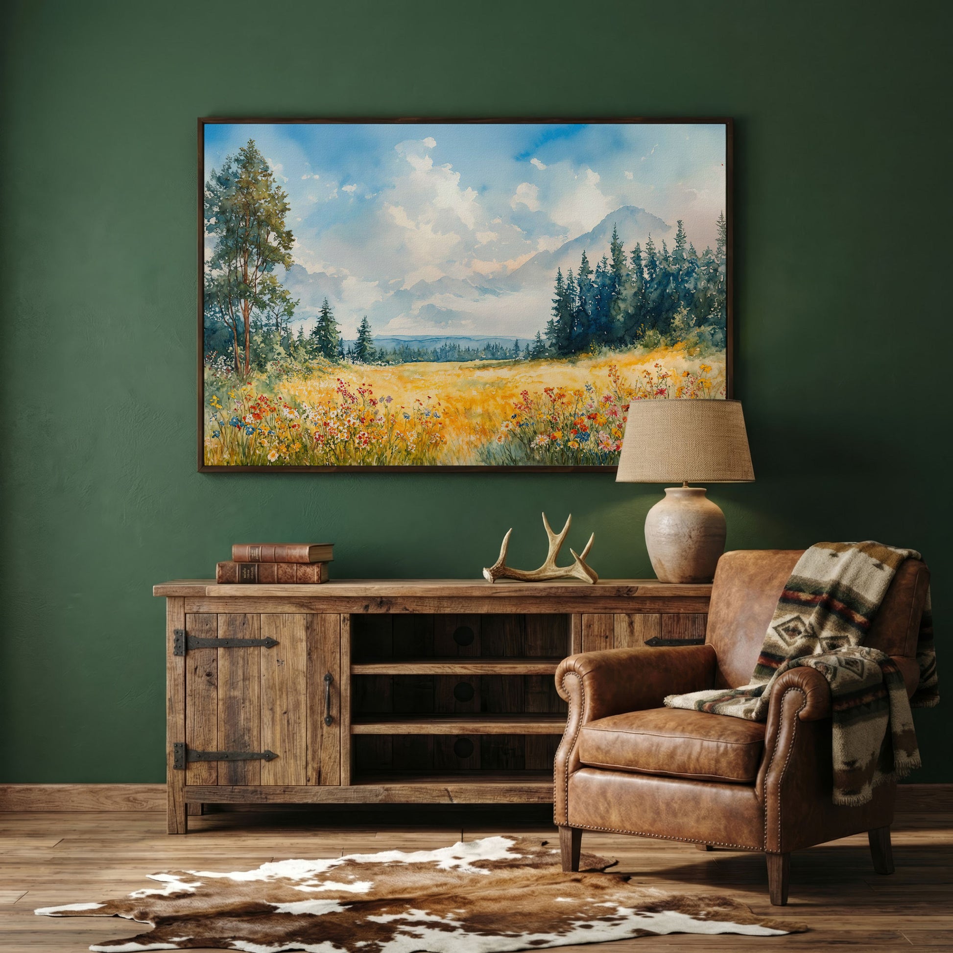 Wildflower Meadow and Mountain Landscape Canvas Wall Art in dark walnut floating frame
