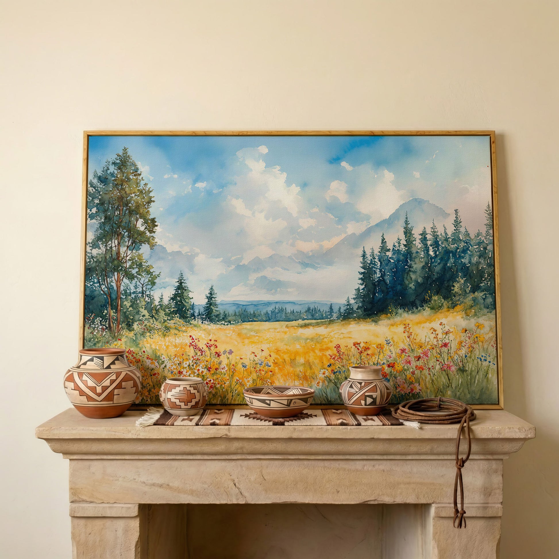 Wildflower Meadow and Mountain Landscape Canvas Wall Art in white oak floating frame