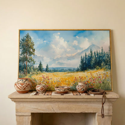 Wildflower Meadow and Mountain Landscape Canvas Wall Art in white oak floating frame