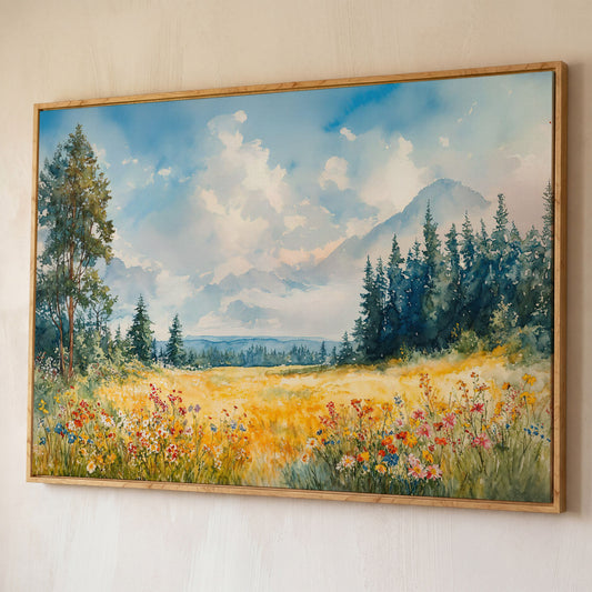 Wildflower Meadow and Mountain Landscape Canvas Wall Art shown in white oak floating frame