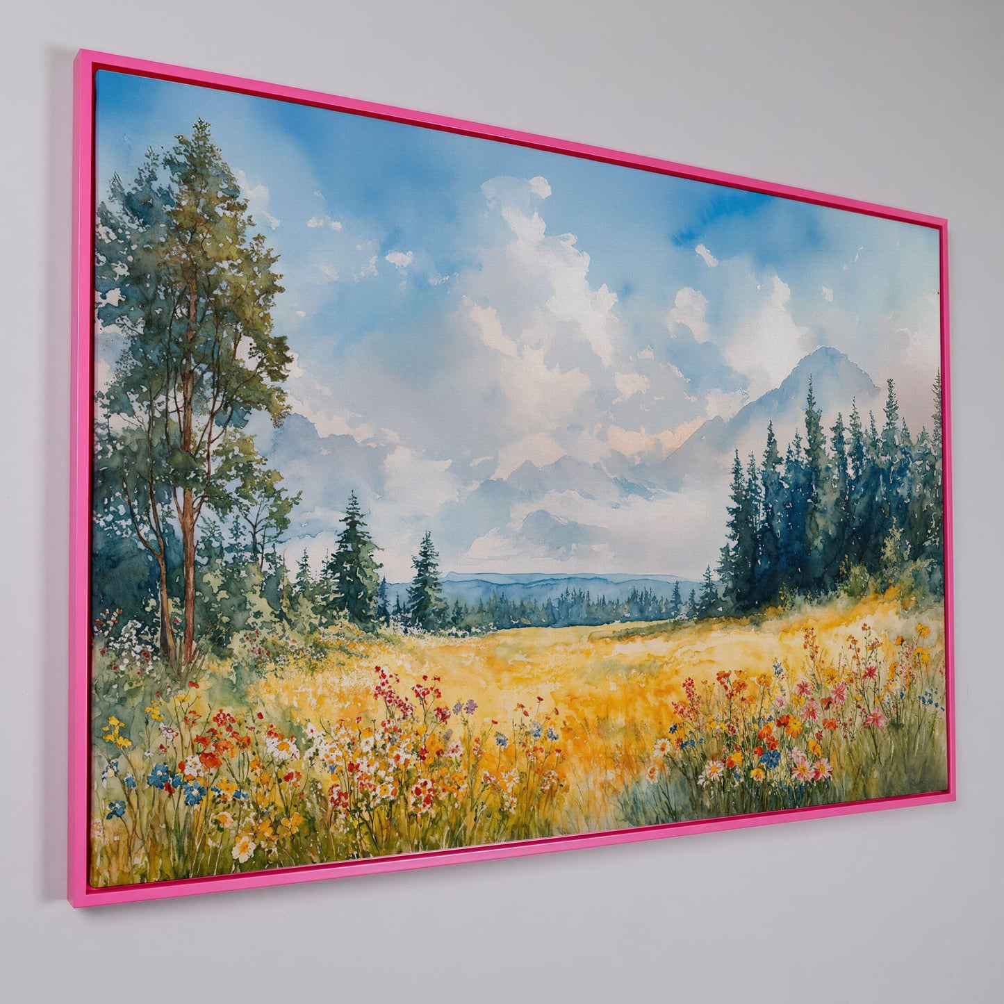Wildflower Meadow and Mountain Landscape Canvas Wall Art in pink floating frame