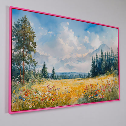 Wildflower Meadow and Mountain Landscape Canvas Wall Art in pink floating frame