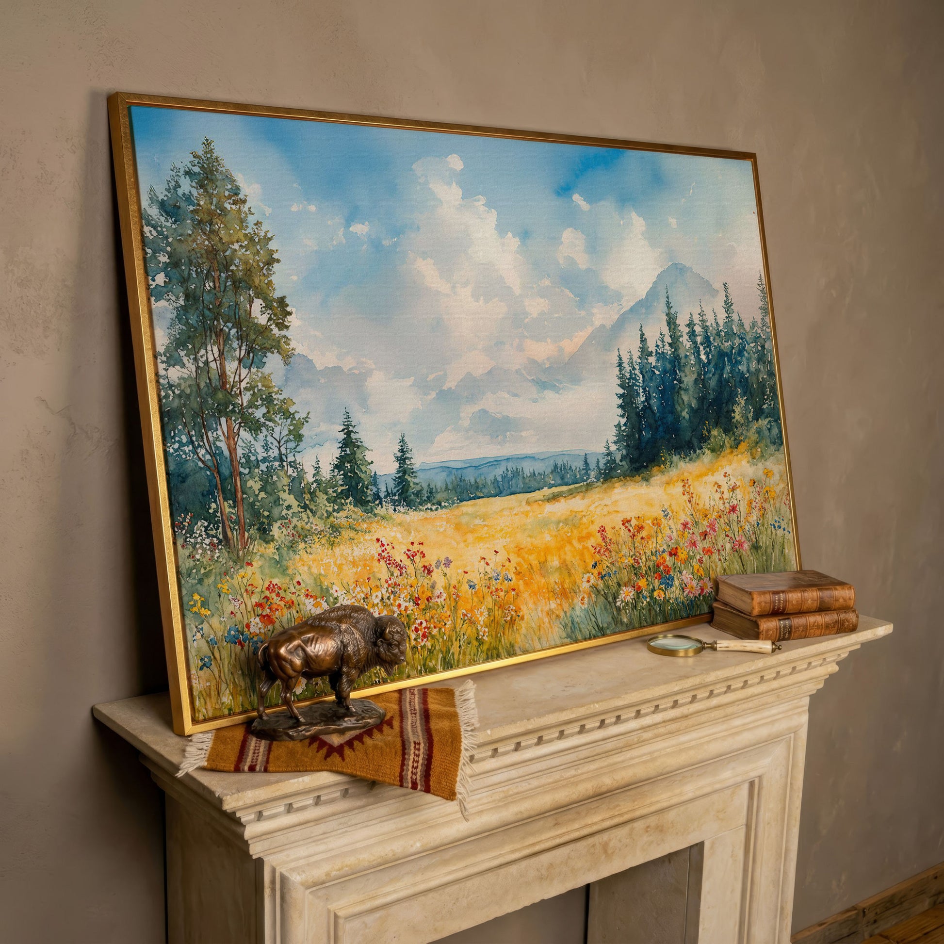 Wildflower Meadow and Mountain Landscape Canvas Wall Art in rose gold floating frame