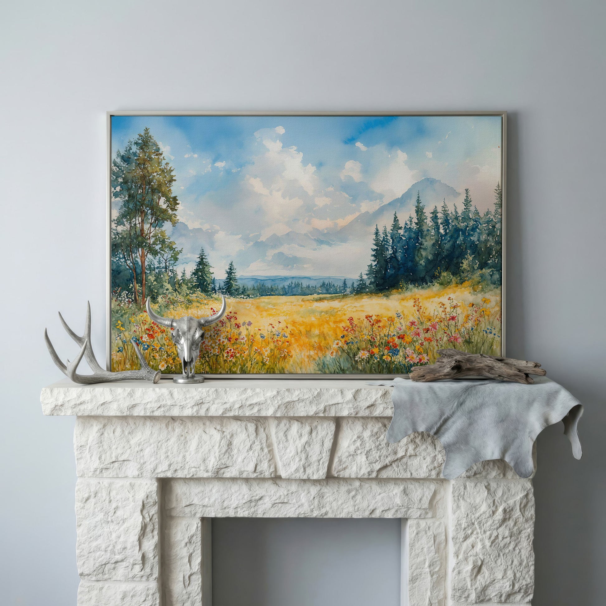 Wildflower Meadow and Mountain Landscape Canvas Wall Art in silver floating frame
