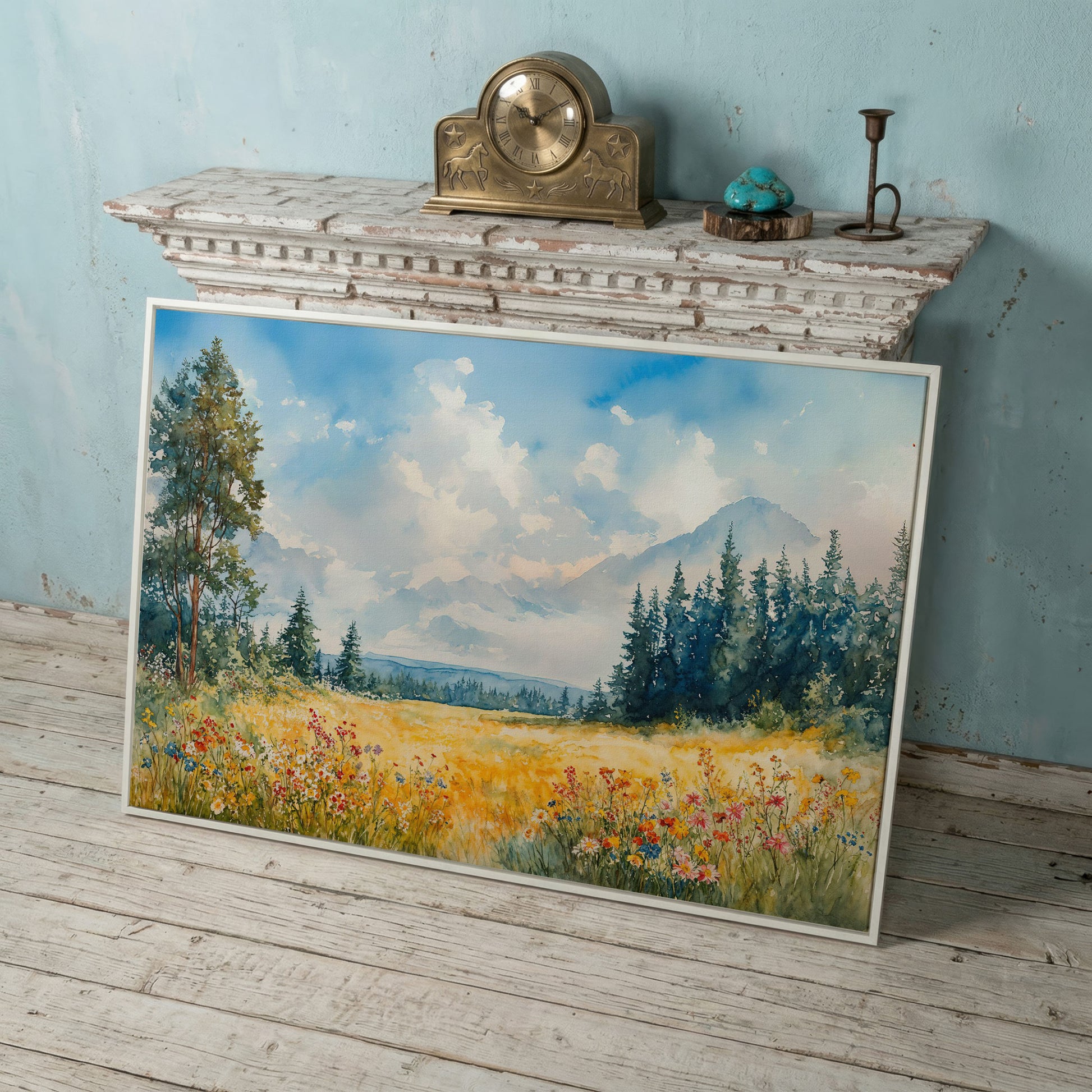 Wildflower Meadow and Mountain Landscape Canvas Wall Art in white floating frame