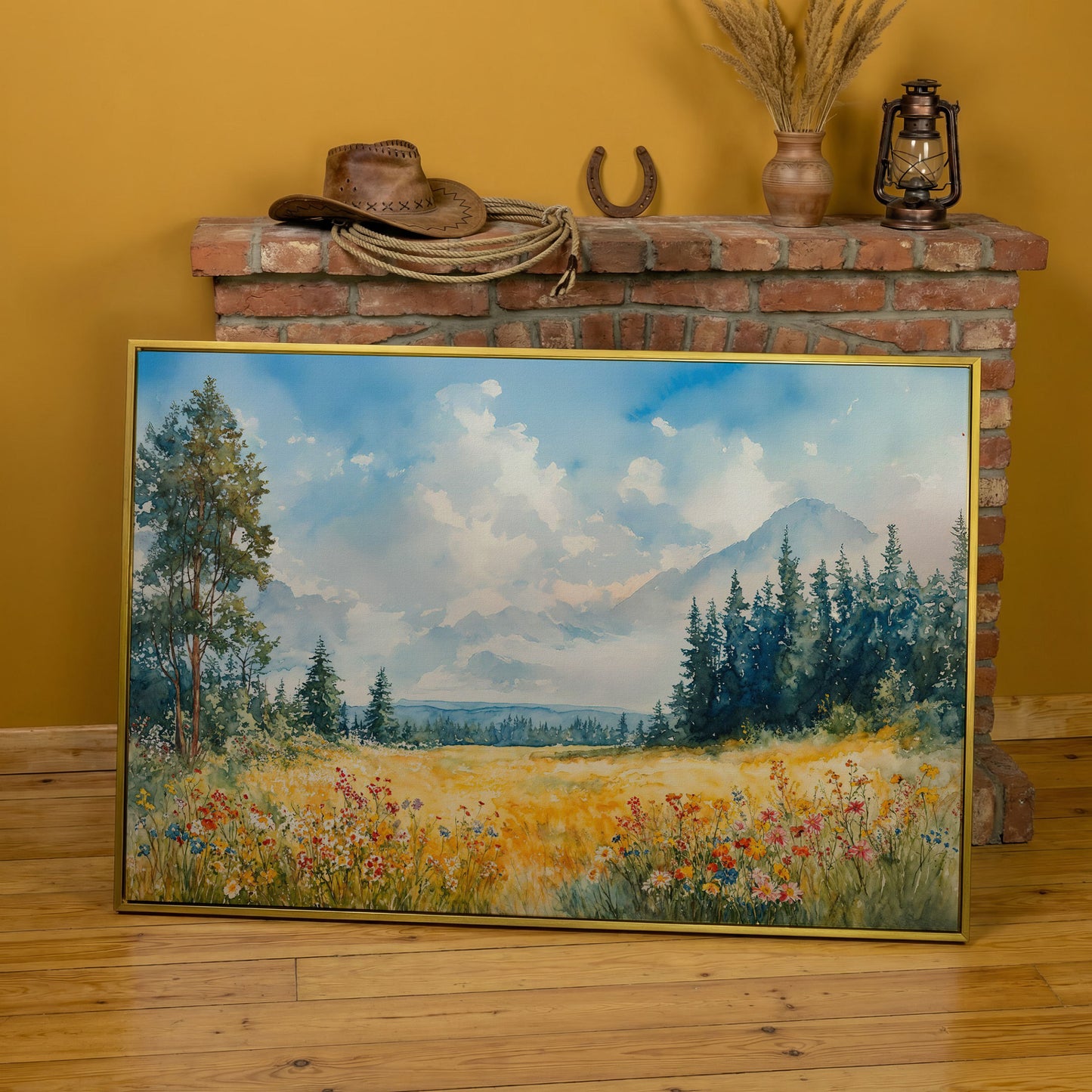 Wildflower Meadow and Mountain Landscape Canvas Wall Art in yellow gold floating frame