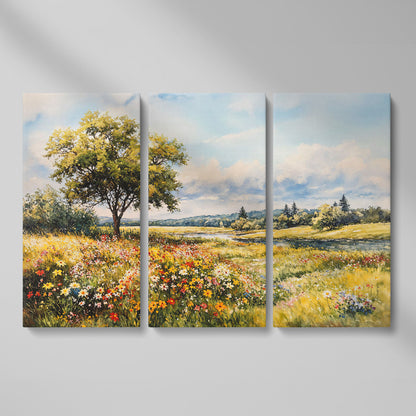 Wildflower Meadow with Stream and Tree Canvas Wall Art as 3-panel split version