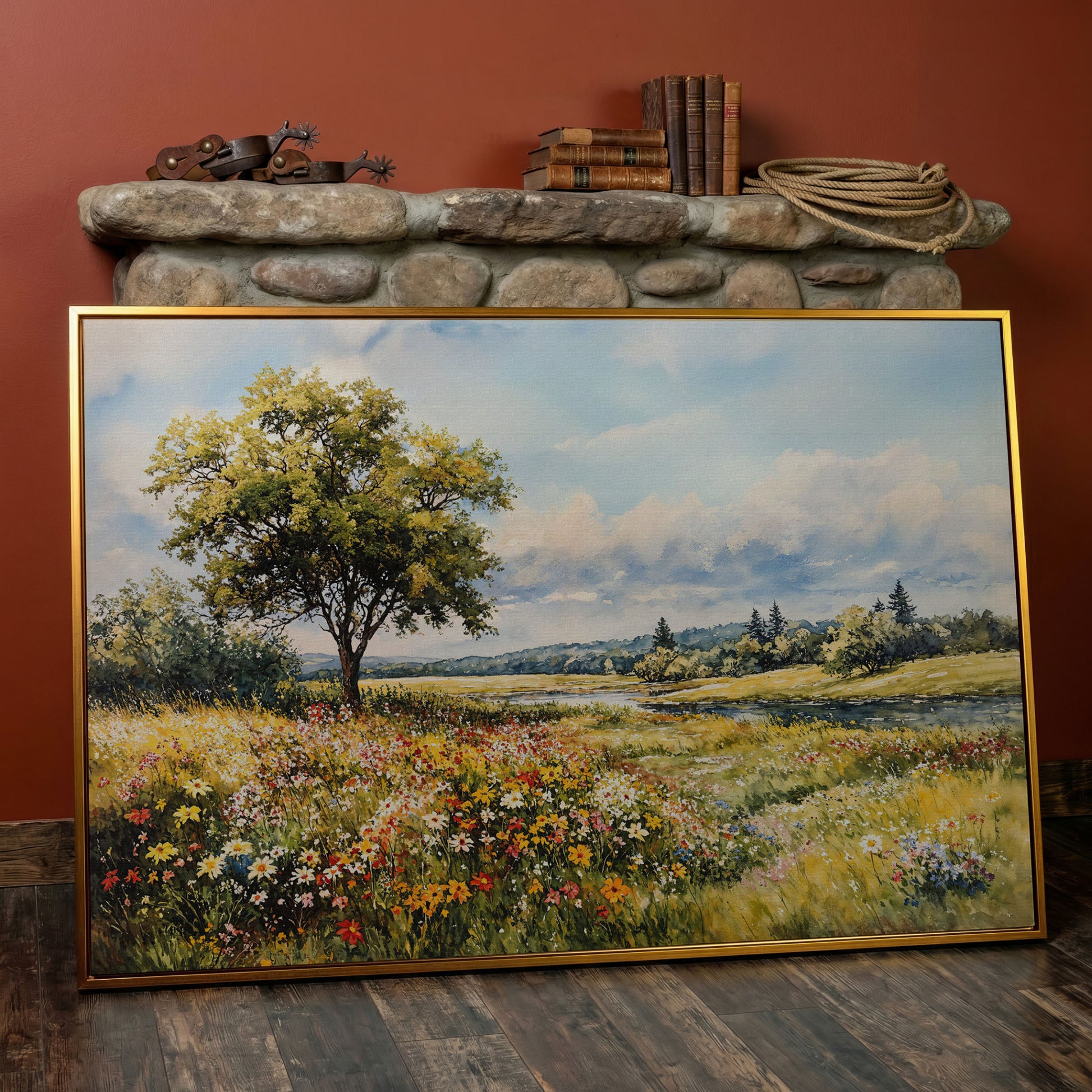 Wildflower Meadow with Stream and Tree Canvas Wall Art in antique gold floating frame