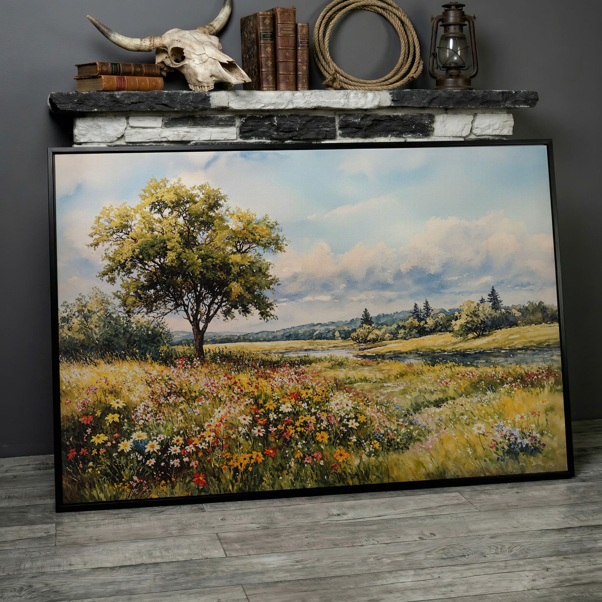 Wildflower Meadow with Stream and Tree Canvas Wall Art in black floating frame