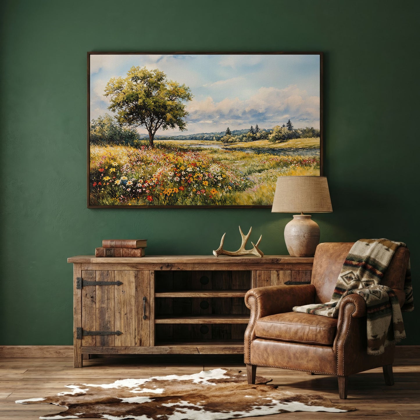Wildflower Meadow with Stream and Tree Canvas Wall Art in dark walnut floating frame