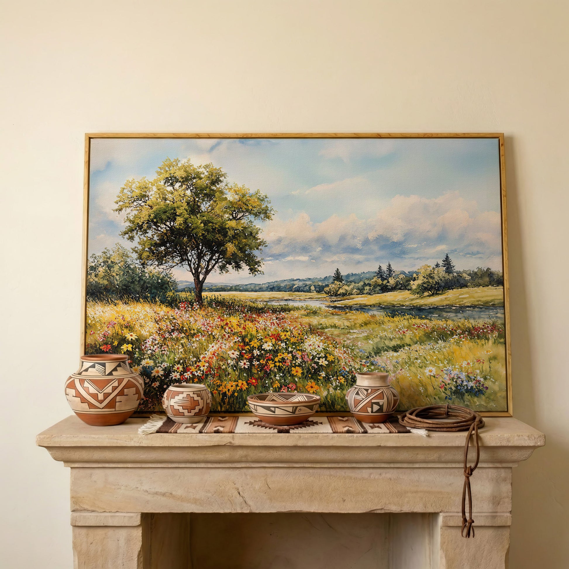 Wildflower Meadow with Stream and Tree Canvas Wall Art in white oak floating frame