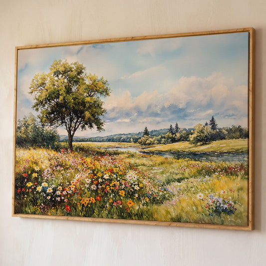 Wildflower Meadow with Stream and Tree Canvas Wall Art shown in white oak floating frame