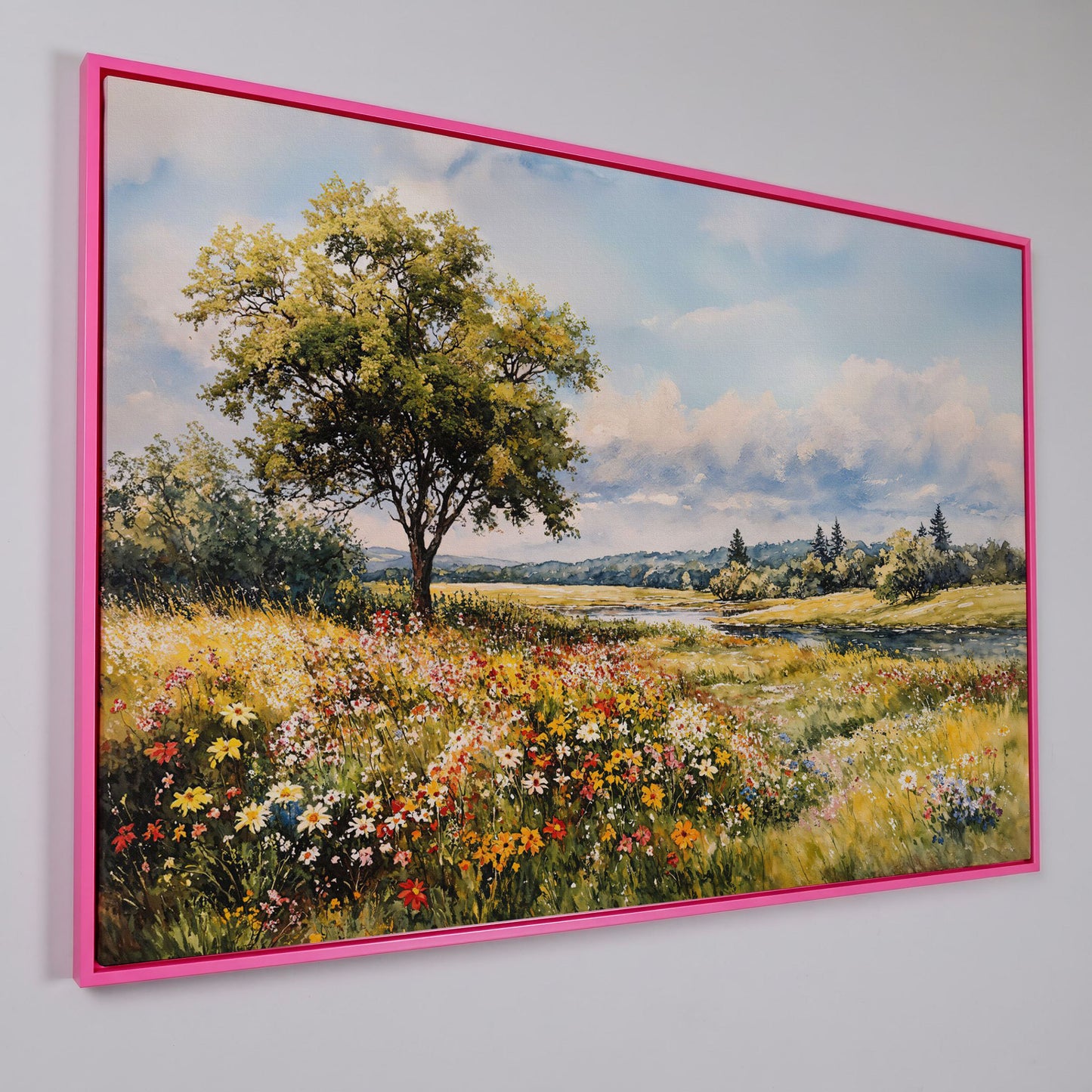 Wildflower Meadow with Stream and Tree Canvas Wall Art in pink floating frame