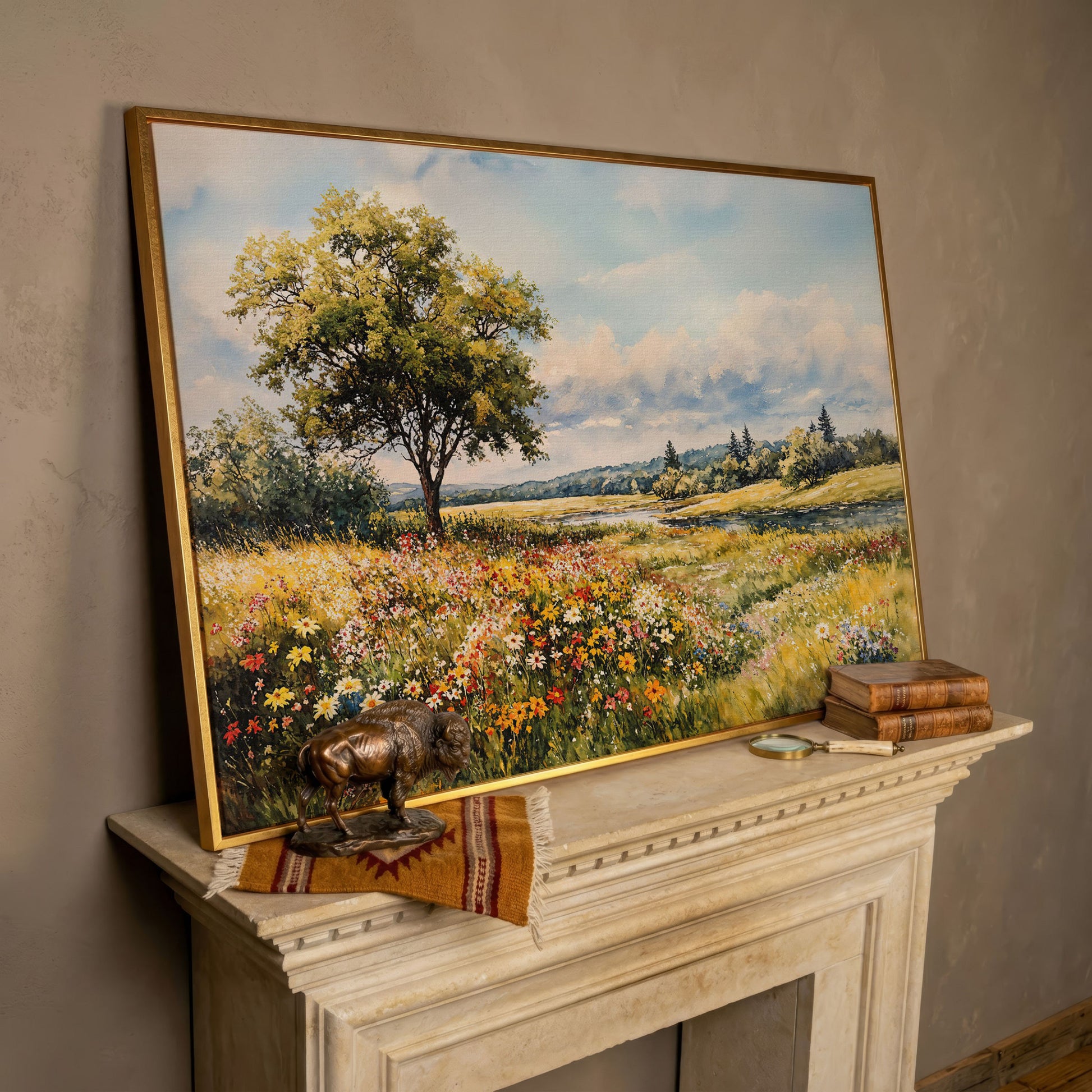Wildflower Meadow with Stream and Tree Canvas Wall Art in rose gold floating frame