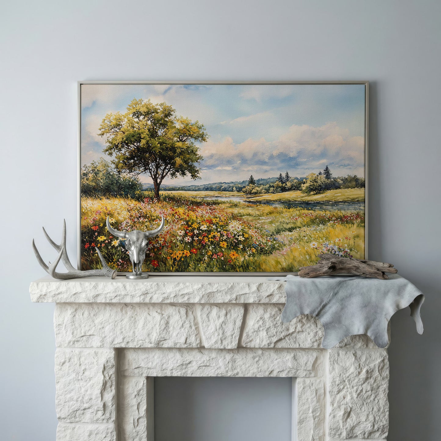 Wildflower Meadow with Stream and Tree Canvas Wall Art in silver floating frame