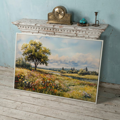 Wildflower Meadow with Stream and Tree Canvas Wall Art in white floating frame