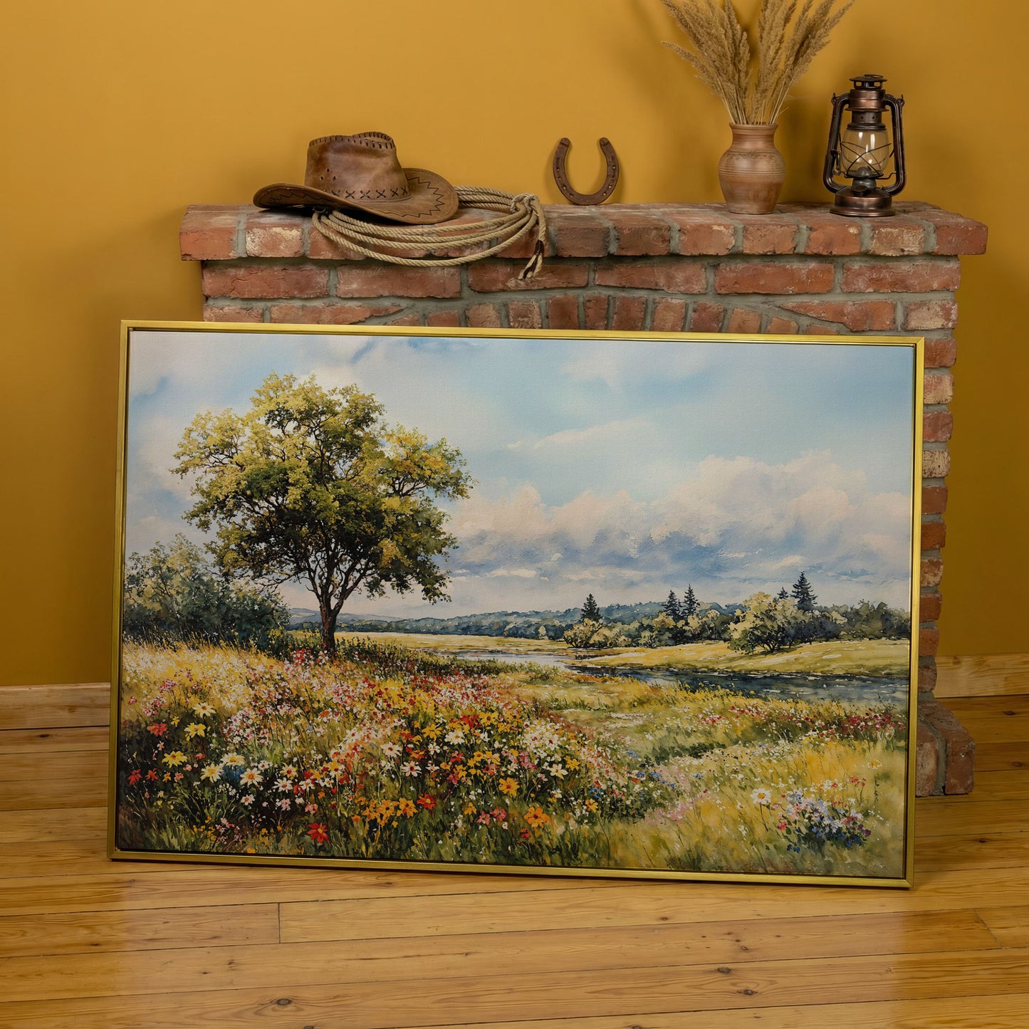 Wildflower Meadow with Stream and Tree Canvas Wall Art in yellow gold floating frame