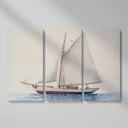 Serene Sailboat Seascape Canvas as 3-panel split version