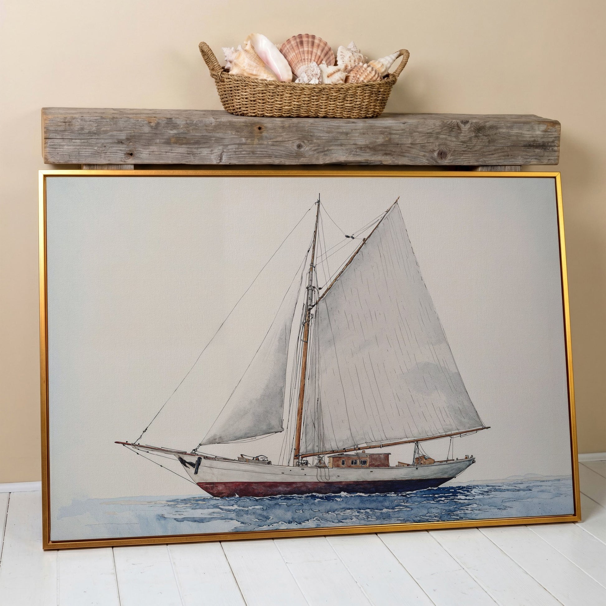 Serene Sailboat Seascape Canvas in antique gold floating frame