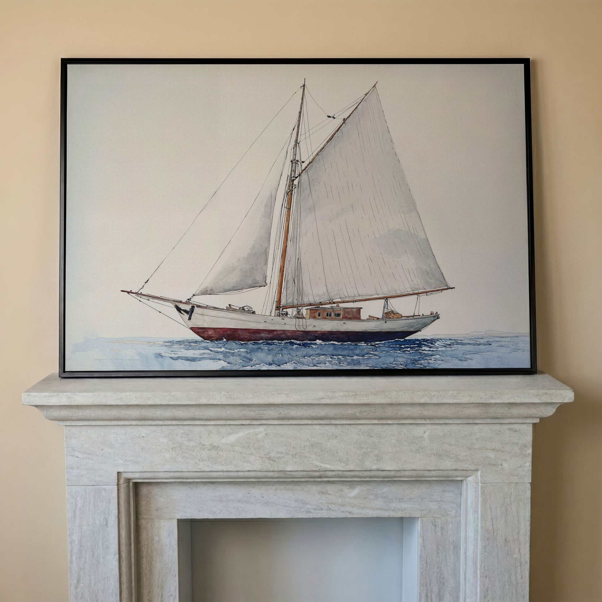 Serene Sailboat Seascape Canvas in black floating frame