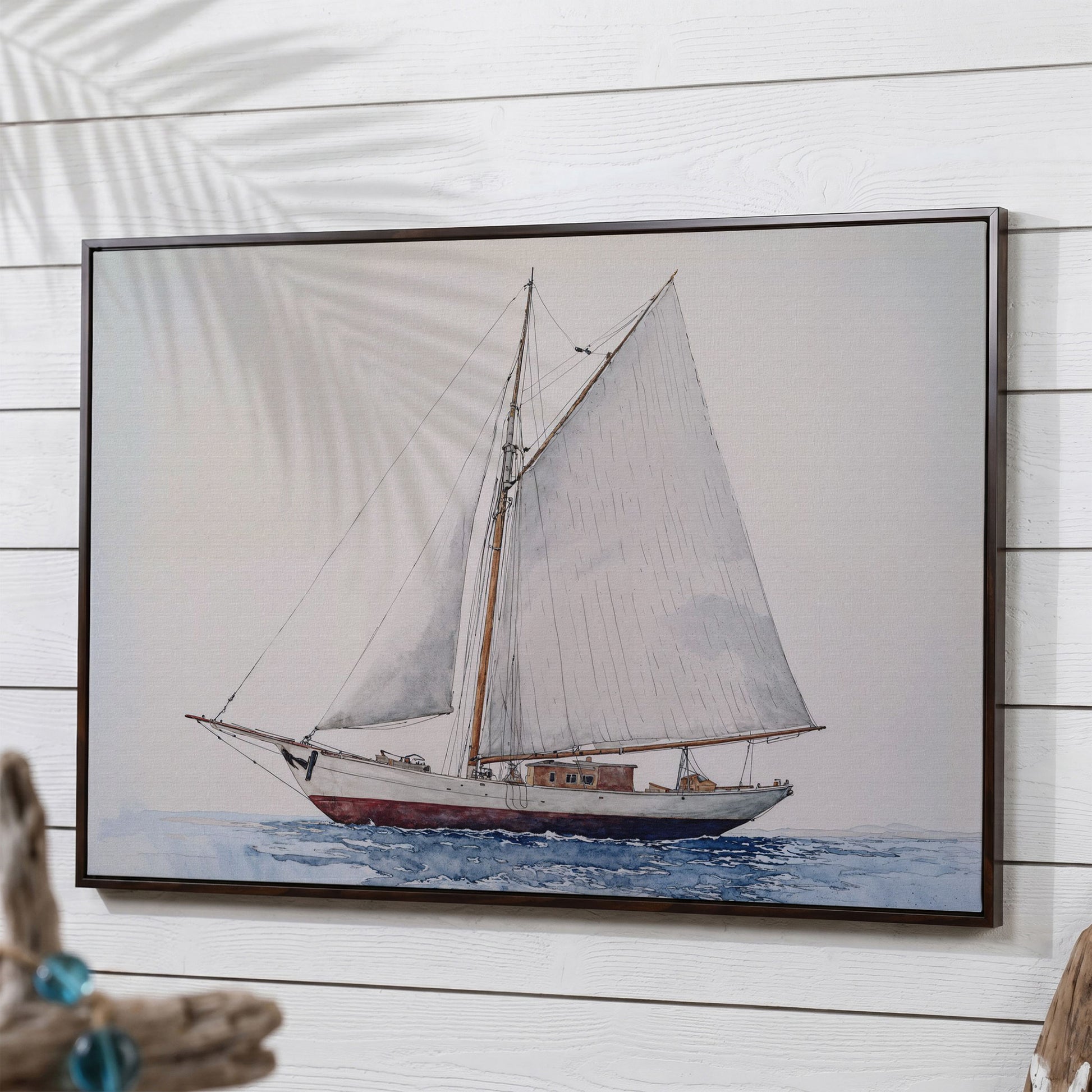 Serene Sailboat Seascape Canvas in dark walnut floating frame