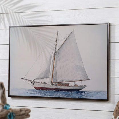 Serene Sailboat Seascape Canvas in dark walnut floating frame