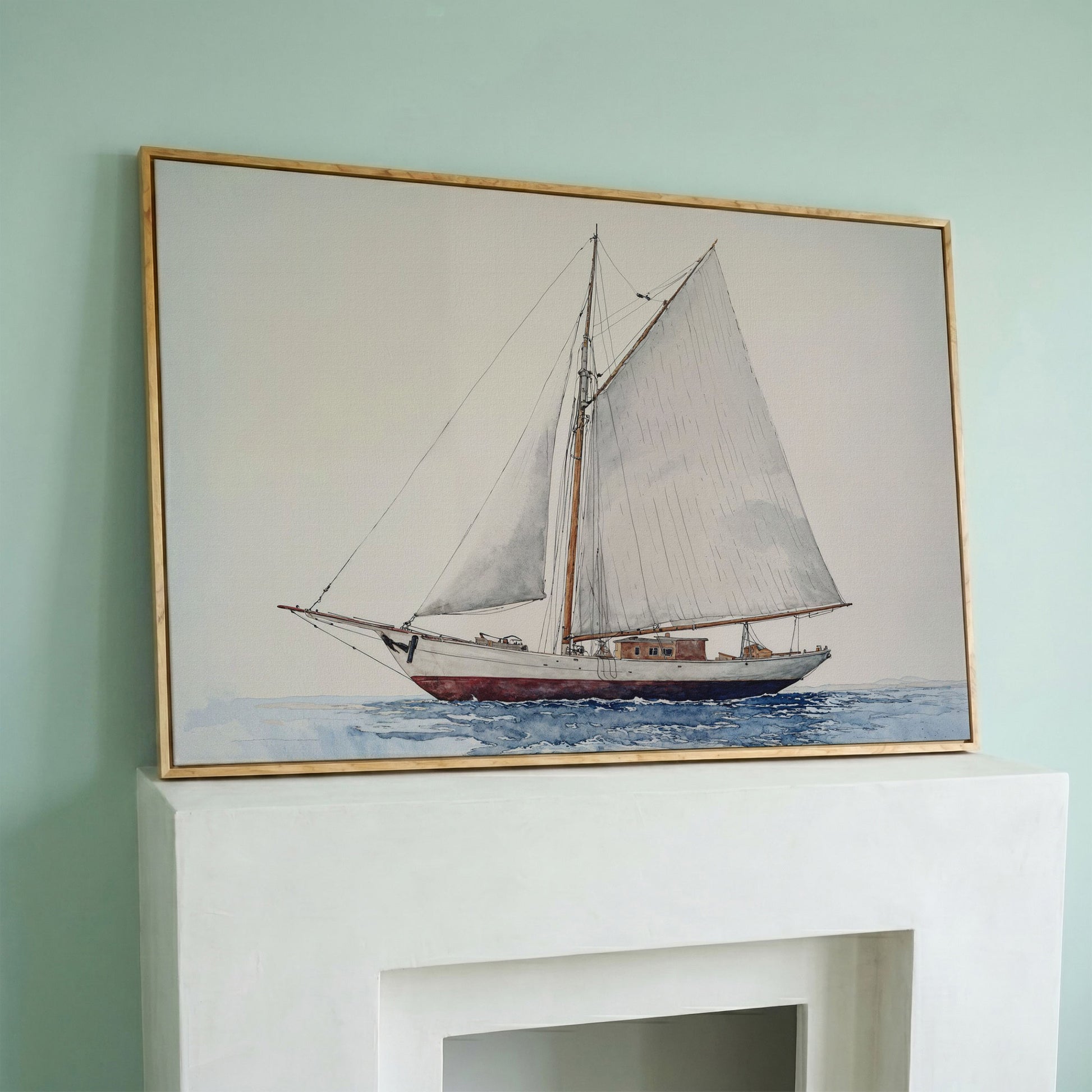 Serene Sailboat Seascape Canvas in white oak floating frame