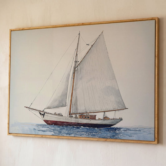 Serene Sailboat Seascape Canvas shown in white oak floating frame