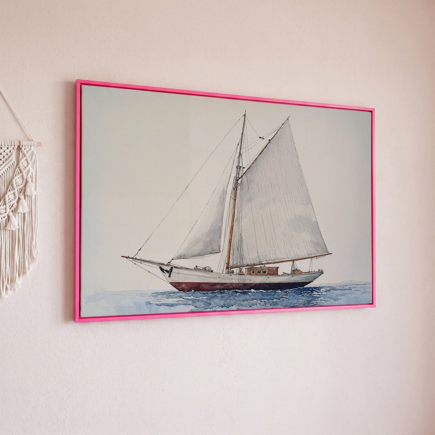 Serene Sailboat Seascape Canvas in pink floating frame