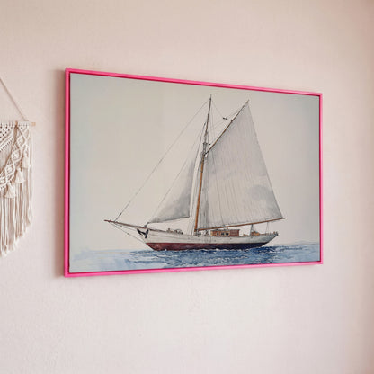 Serene Sailboat Seascape Canvas in pink floating frame